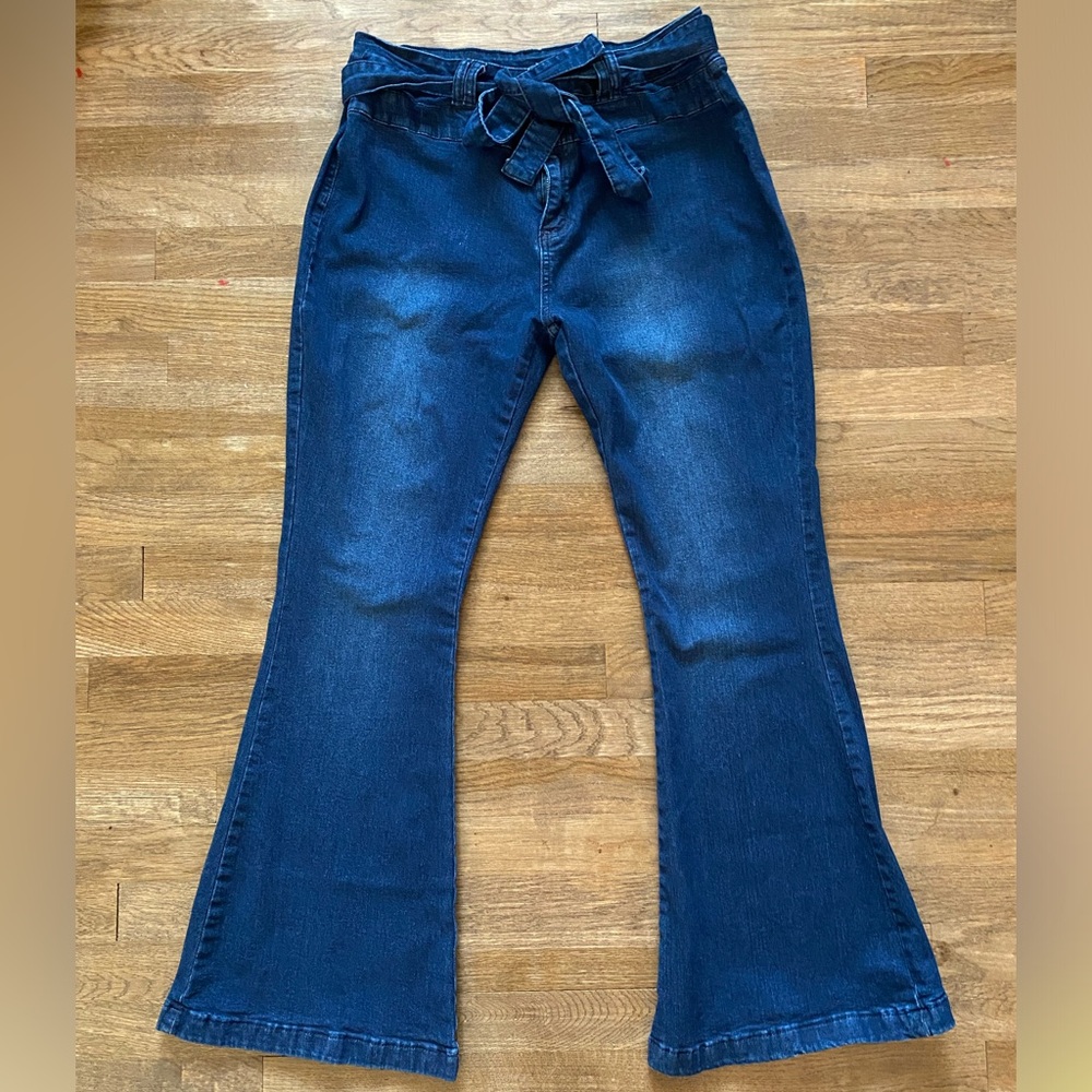 XL Pantete Womens High Waisted Bell Bottom Flare Wide Leg Belt Jeans Pants